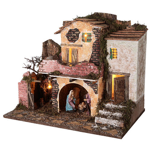 Aldeia com pórtico e muros de tijolos, luzes e fogo, Natividade figuras altura média 10 cm; medidas: 38x45x30 cm 3
