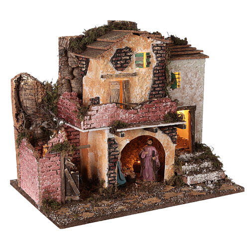 Aldeia com pórtico e muros de tijolos, luzes e fogo, Natividade figuras altura média 10 cm; medidas: 38x45x30 cm 4