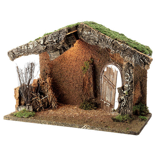 Cabane crèche rustique porte entrouverte fenil 30x40x20 cm santons 12-14 cm 2