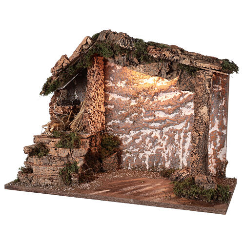Cabana rústica iluminada madeira e cortiça para presépio com figuras altura média 12-16 cm; medidas: 38x50x24 cm 2