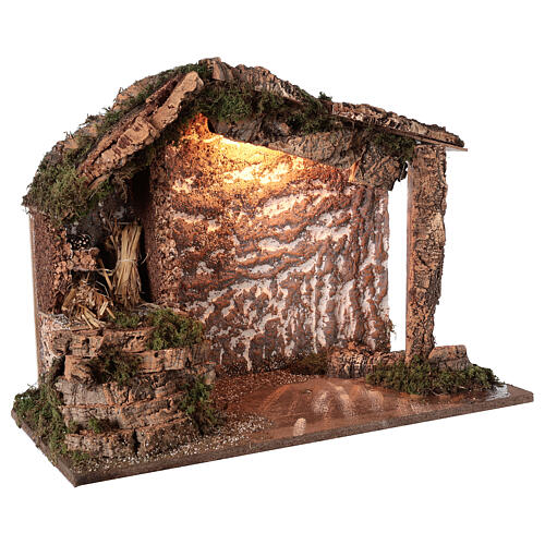 Cabana rústica iluminada madeira e cortiça para presépio com figuras altura média 12-16 cm; medidas: 38x50x24 cm 3