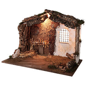 Cabaña iluminada Natividad belén 8-10 cm techo musgo 40x60x35