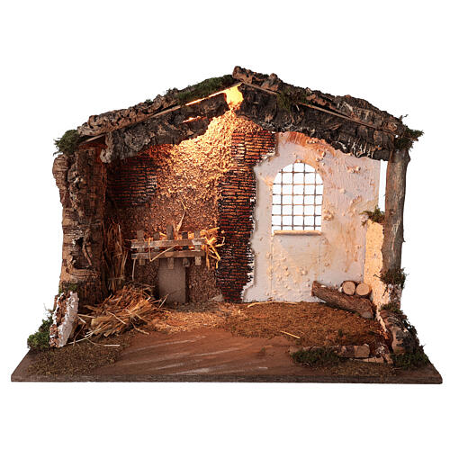 Cabaña iluminada Natividad belén 8-10 cm techo musgo 40x60x35 1