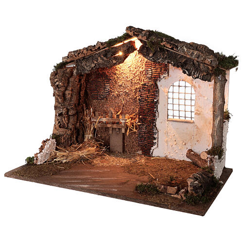 Cabana Natividade iluminada telhado cortiça e musgo para presépio com figuras altura média 8-10 cm; medidas: 44x60x34 cm 2