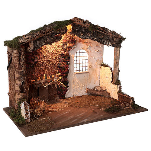 Cabana Natividade iluminada telhado cortiça e musgo para presépio com figuras altura média 8-10 cm; medidas: 44x60x34 cm 3