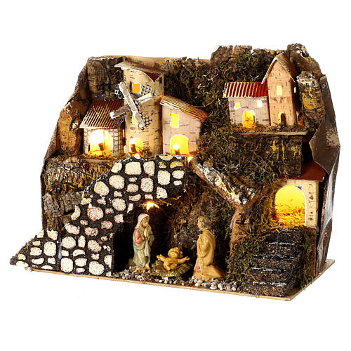 Nativity set: mountain village with mill, lights and Holy Family, for Nativity Scene with 6 cm avarage height characters, 30x15x20 cm 2
