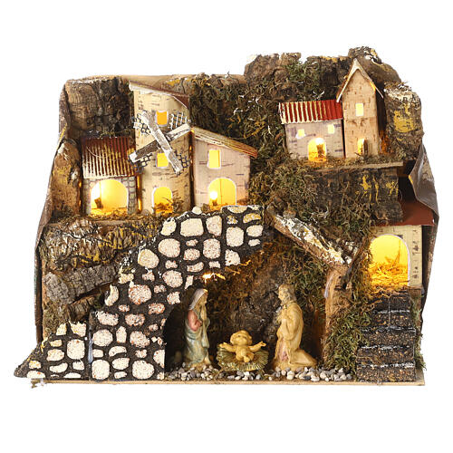 Aldeia Natividade iluminada montanha e moinho para presépio com figuras de altura média 6 cm; medidas: 28x15x20 cm 1