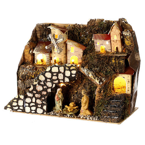 Aldeia Natividade iluminada montanha e moinho para presépio com figuras de altura média 6 cm; medidas: 28x15x20 cm 2