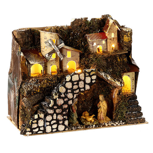 Aldeia Natividade iluminada montanha e moinho para presépio com figuras de altura média 6 cm; medidas: 28x15x20 cm 3