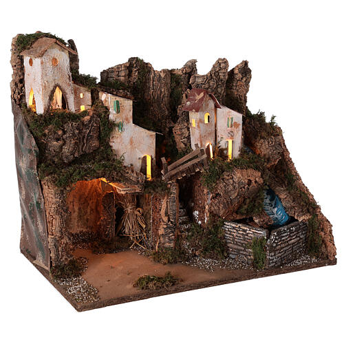 Cenário presépio aldeia de montanha com gruta e cascata para figuras altura média 12 cm; medidas: 37x45x30 cm 3
