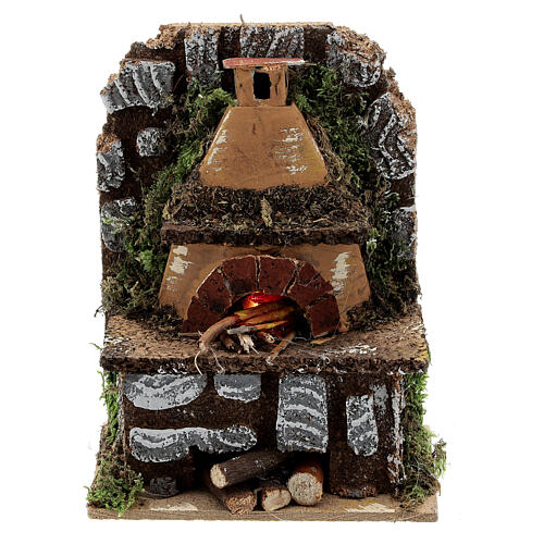 Wood-fired oven with wall and FLAME EFFECT light 15x10x5 cm for Nativity Scene with 8-10 cm characters 1