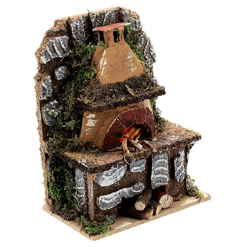 Wood-fired oven with wall and FLAME EFFECT light 15x10x5 cm for Nativity Scene with 8-10 cm characters 3