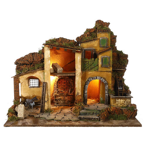 1700s Neapolitan nativity village with watermill 40x60x40 cm for 10 cm figures 1