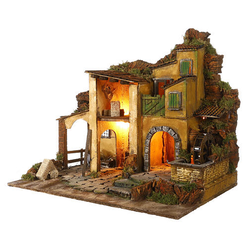 1700s Neapolitan nativity village with watermill 40x60x40 cm for 10 cm figures 3