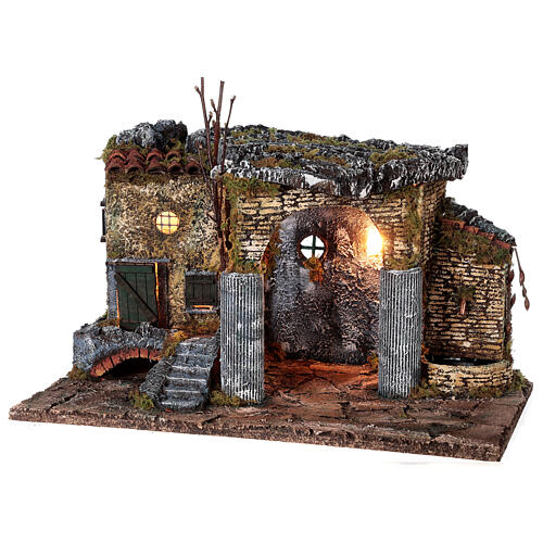 Ruiny świątyni z fontanną i dom, do neapolitańskiej szopki, 40x50x30 cm, na figurki 8 cm 3