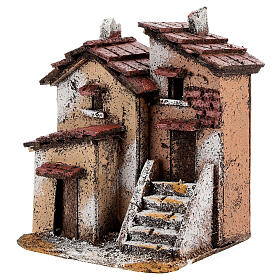 Duas casas em miniatura com escada e chaminés cortiça para presépio napolitano com figuras altura média 3 cm, medidas: 14x11x10 cm