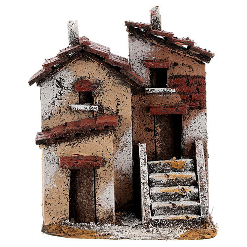 Duas casas em miniatura com escada e chaminés cortiça para presépio napolitano com figuras altura média 3 cm, medidas: 14x11x10 cm 1