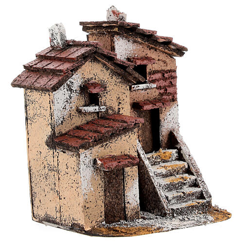Duas casas em miniatura com escada e chaminés cortiça para presépio napolitano com figuras altura média 3 cm, medidas: 14x11x10 cm 3
