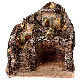 Aldeia casas, gruta e montanhas para presépio napolitano com figuras de altura média 6 cm, medidas: 32x34x34 cm
