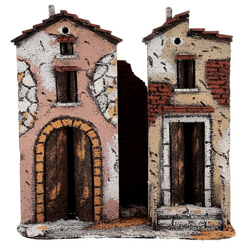 Couple of two-storied houses cork setting for Neapolitan Nativity Scene with 10 cm figurines 25x25x10 cm 1