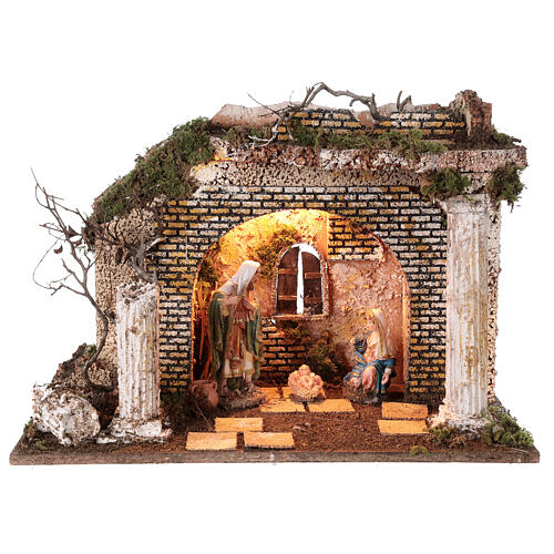 Cabaña templio griego iluminada 35x50x25 cm con natividad 16 cm 1