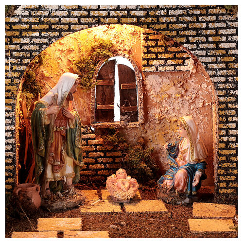 Cabaña templio griego iluminada 35x50x25 cm con natividad 16 cm 2