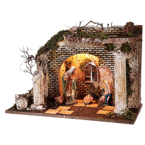 Cabaña templio griego iluminada 35x50x25 cm con natividad 16 cm 3