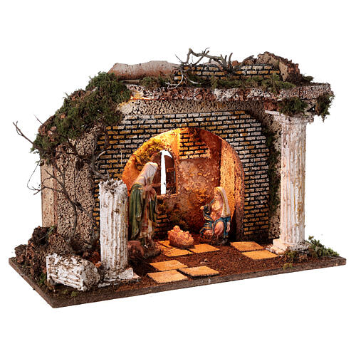 Cabaña templio griego iluminada 35x50x25 cm con natividad 16 cm 4