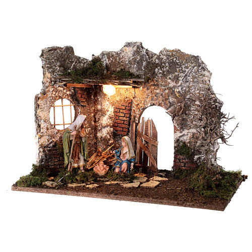 Illuminated cave with wooden door 35x50x25 cm Nativity scens 16 cm 3