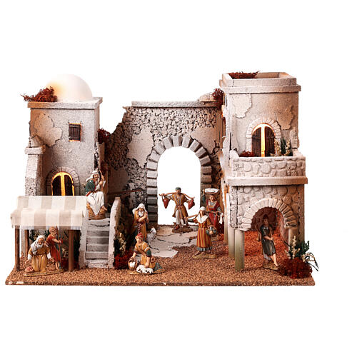 Presépio estilo árabe cena mercado figuras Moranduzzo altura média 10 cm; medidas: 33x50x40 cm 1