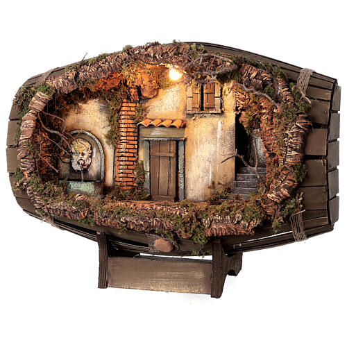Miasteczko w beczce z fontanną – scenografia do szopki neapolitańskiej, do figurek 10 cm 3
