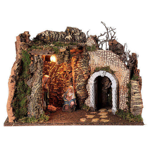 Höhle mit Heiliger Familie und beleuchtetem Ruinenbogen, 35x50x25 cm 1