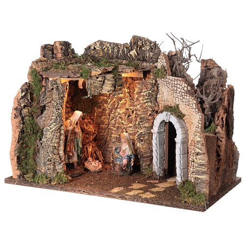 Holy Family's illuminated cave with ruined arch 35x50x25 cm for Nativity Scene 3