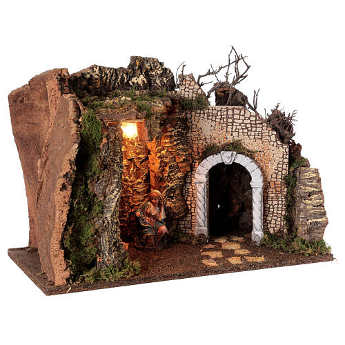 Holy Family's illuminated cave with ruined arch 35x50x25 cm for Nativity Scene 4
