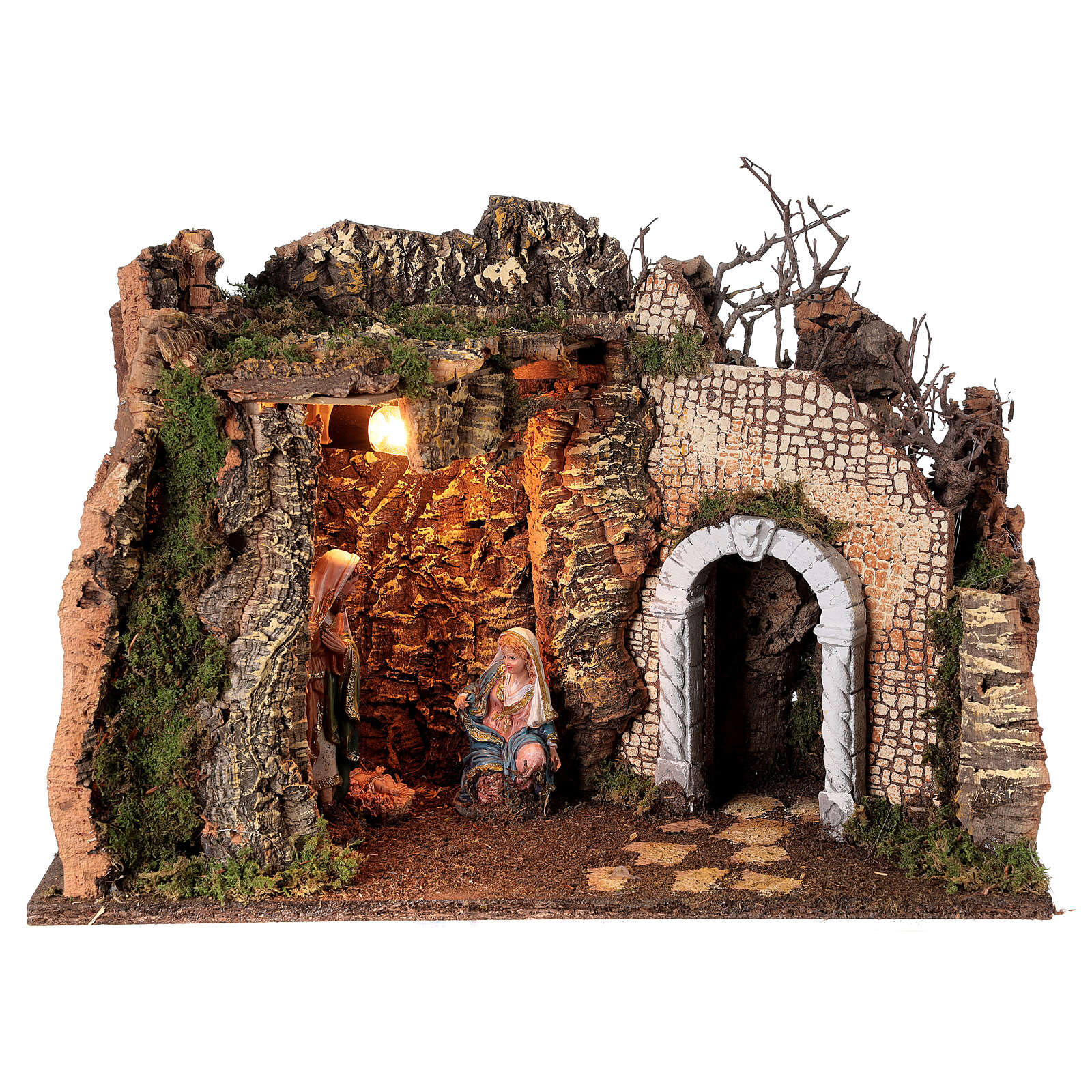 Nativity grotto with Holy Family illuminated ruin arch online sales