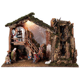 Cabana Natividade de Jesus luz e cascata figuras altura média 16 cm; medidas: 55x76x40 cm