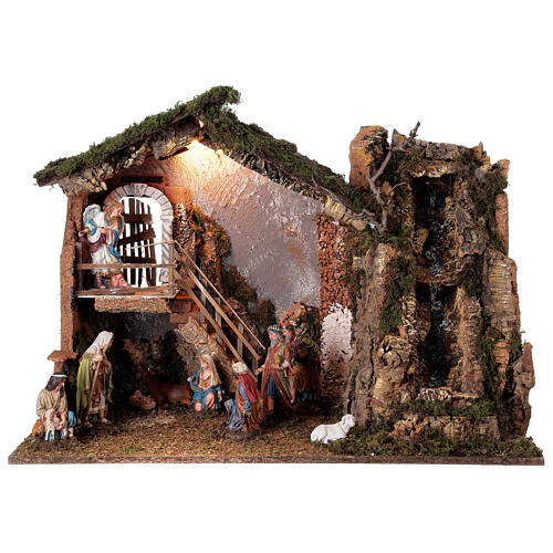Cabana Natividade de Jesus luz e cascata figuras altura média 16 cm; medidas: 55x76x40 cm 1
