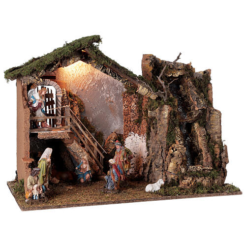 Cabana Natividade de Jesus luz e cascata figuras altura média 16 cm; medidas: 55x76x40 cm 5