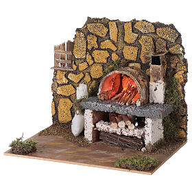 Miniature oven in wood fire effect bulb nativity 15x20x15 cm statues 8-10 cm