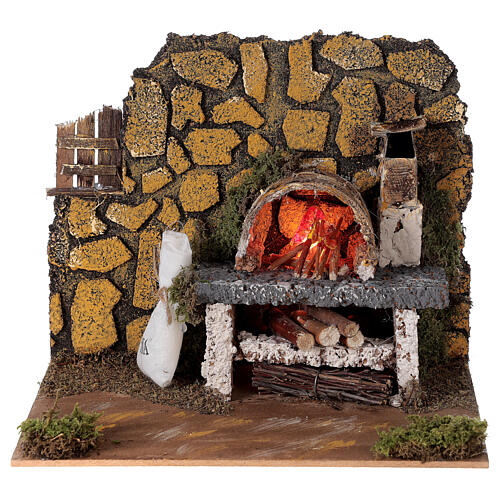 Miniature oven in wood fire effect bulb nativity 15x20x15 cm statues 8-10 cm 1