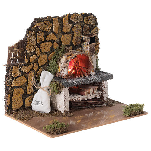 Miniature oven in wood fire effect bulb nativity 15x20x15 cm statues 8-10 cm 3