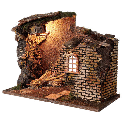 Nativity stable with window and light 30x40x20 cm statues 8-10 cm 2
