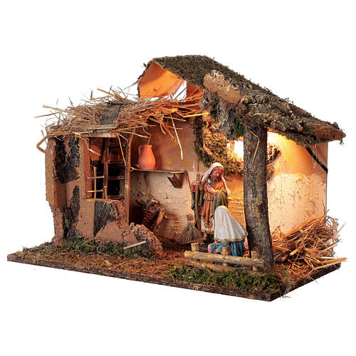 Cabana iluminada com escada e janela ambientação para presépio com figuras altura média 16 cm, medidas: 35x50x30 cm 3