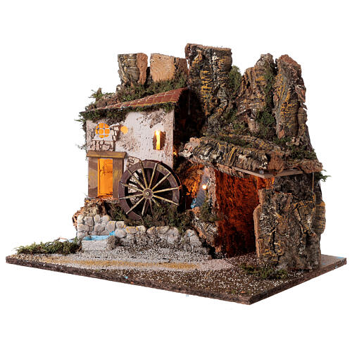 Lighted stable with watermill 35x45x30 cm nativity 10 cm 2