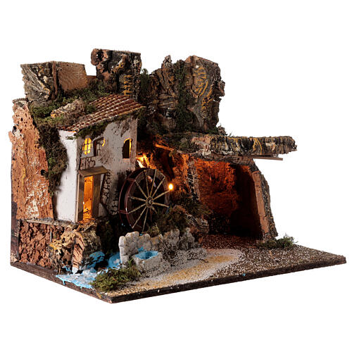 Lighted stable with watermill 35x45x30 cm nativity 10 cm 3
