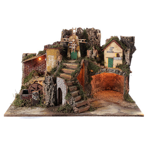 Illuminated village with water mill 40x65x50 cm for Nativity scene 10-12 cm 1