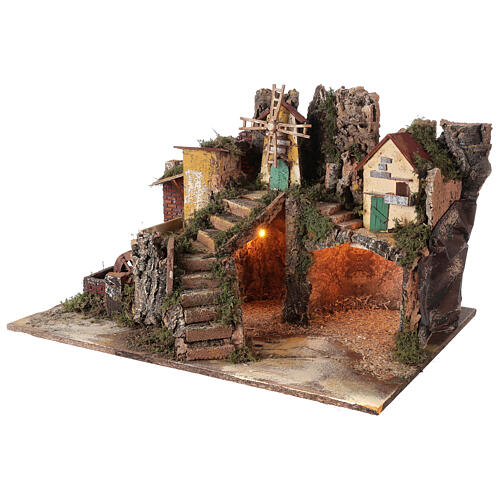 Illuminated village with water mill 40x65x50 cm for Nativity scene 10-12 cm 2