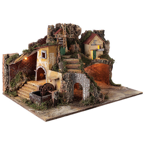 Illuminated village with water mill 40x65x50 cm for Nativity scene 10-12 cm 3