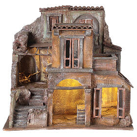 Illuminated village nativity with stable 40x45x35 cm for 10 cm figures