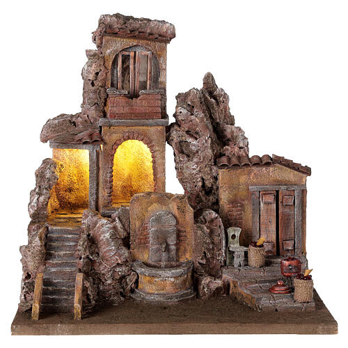 Illuminated village with fountain and fruit baskets 40x50x35 for statues 10 cm 1
